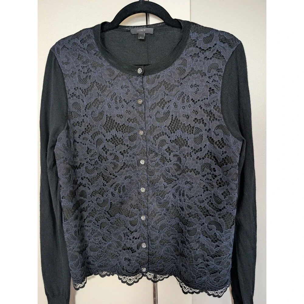 J. Crew Navy Cardigan With Lace Overlay Merino Wool L Classic Preppy